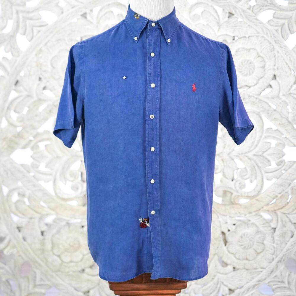 Ralph Lauren M Men’s Blue Linen Shirt Short Sleeve Patched Beaded by XOPALY